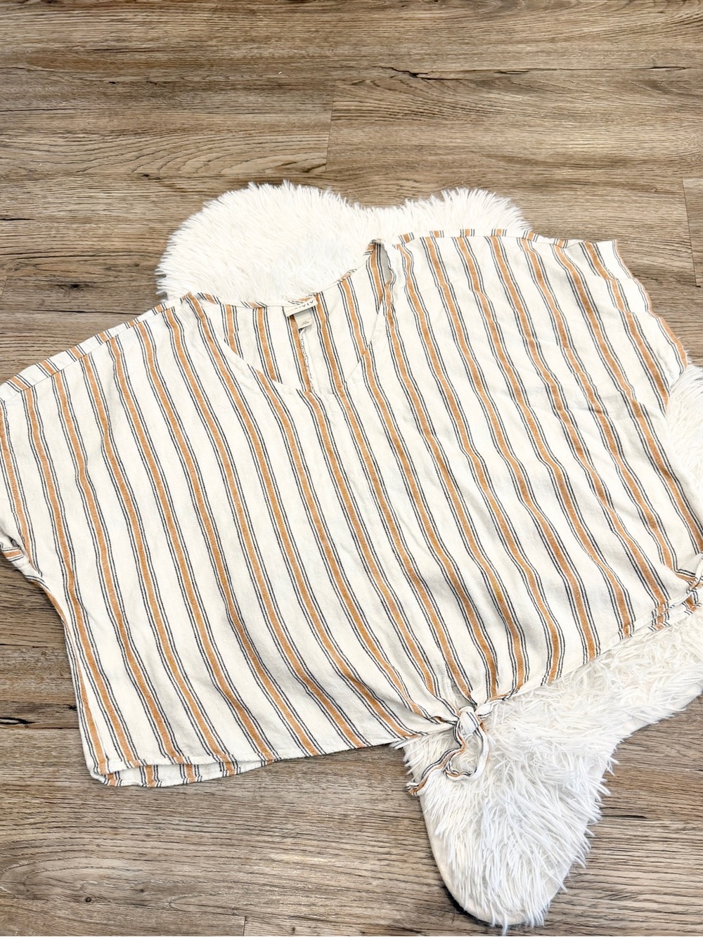 Ava & Viv Striped Tie Front Top Linen Blend Neutral Summer Vacation 2X